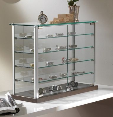 kleine breite Aufsatzvitrine Glas 65 cm Tischvitrine Alu abschließbar braun