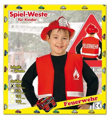 narrenwelt Kostüm Spielweste Feuerwehr Weste Kinder Feuerwehrweste rot 104 (Gr. 104)