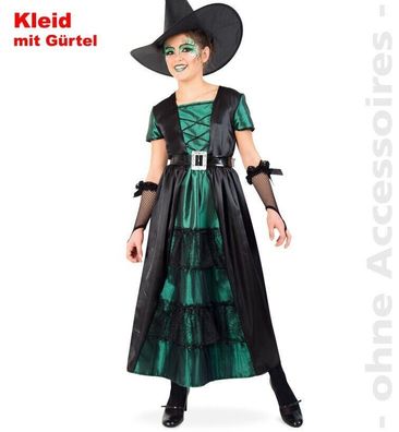 narrenwelt Hexe Smaragd Kleid Größe140 lang mit Gürtel Teenie Mädchen (Gr. 140)