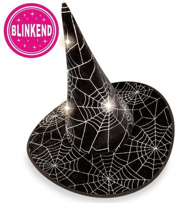 narrenwelt Hexenhut mit LED blinkend Spinnennetz - Print Halloween Hexen Hut Uni