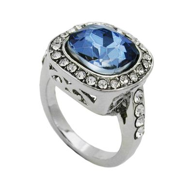 Ring 15,5mm großer blauer Glasstein mit kleinen weißen Zirkonias rhodiniert Ringgr