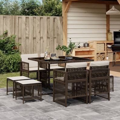 vidaXL 9-tlg. Garten-Essgruppe mit Kissen Braun Poly Rattan