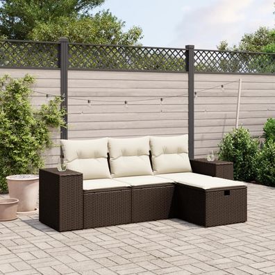 vidaXL 4-tlg. Garten-Sofagarnitur mit Kissen Braun Poly Rattan