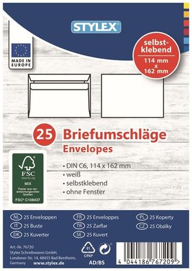 Briefumschläge, DIN C6, selbstklebend, 25 Stück, FSC