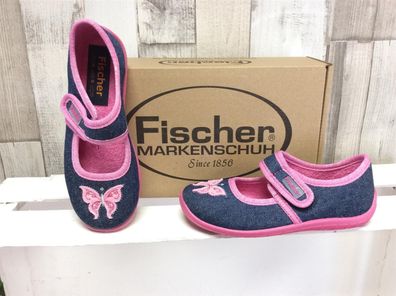 Fischer Mädchen Klett-Hauschuh jeansfarben mit rosa Schmetterling