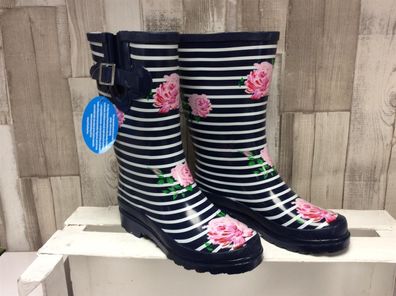 Beck Damen Regenstiefel blau-weiß gestreift mit Rosen