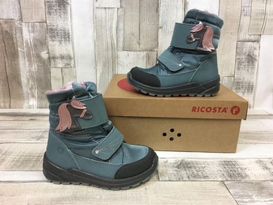 Ricosta Mädchen Winterstiefel wasserblau mit rosa Pferdekopf am Klettverschluß