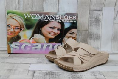 scandi Damen Pantolette beige mit Klettverschluss und gekreuzten Riemchen