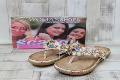 scandi Damen Flip Flop weiß-bunt mit Blümchen und Steinchen