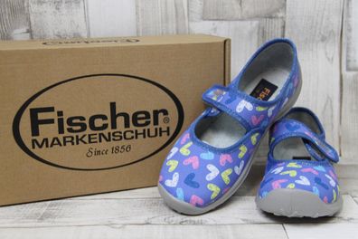 Fischer Mädchen Klett-Hausschuh blau mit bunten Herzchen