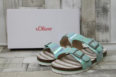 s. Oliver Damen Pantolette metallic-mint mit zwei Schnallen