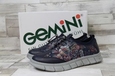 Gemini Damen Schlupfschuh dunkelblau mit Blumen-Muster und Gummisenkel