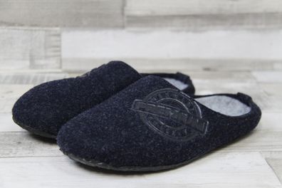 Scandi flacher Damen Pantoffel dunkelblau mit Schriftzug, zehengeschlossen