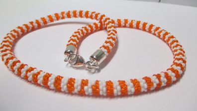 Glas Perlen Kette weiß orange mit 925 Verschluß