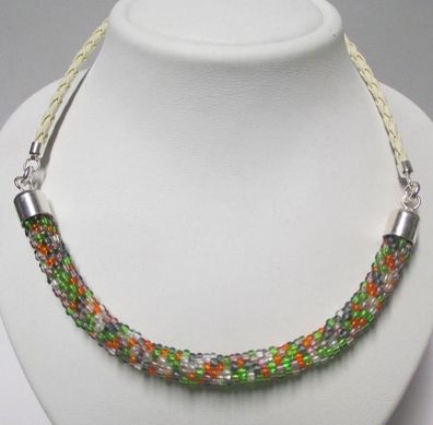 Glasperlen Mittelteilcollier mit Lederband 925/- Sterling Silber 46cm Handarbeit