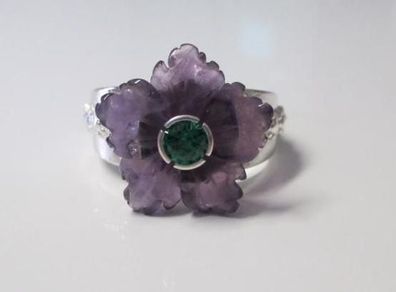 Edelschmiede925 Silber Ring mit Amethyst Blüte und Zirkonia Grün