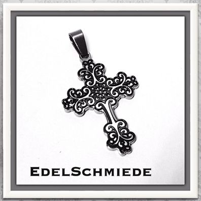 Edelschmiede925 Anhänger aus Edelstahl mit floralem Motiv, Kreuz