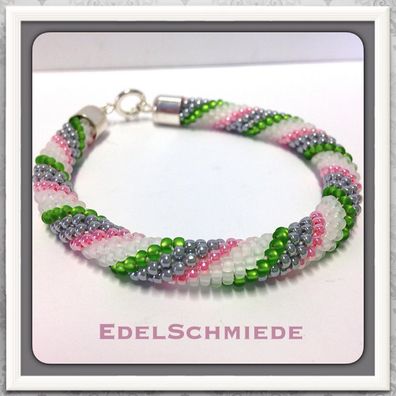 Edelschmiede925 Häkelarmband, matt weiß mit grau, osa und grün,925