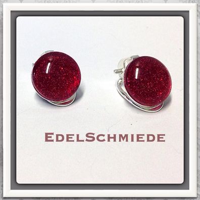 Ohrclips 925/- mit Glas - Cabochon rot Glitter 12 mm