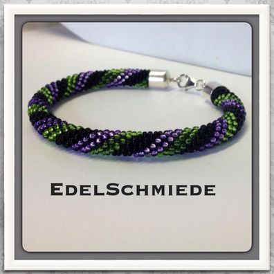 Edelschmiede925 Häkelarmband, chwarz grün lila, 925/- Verschluß