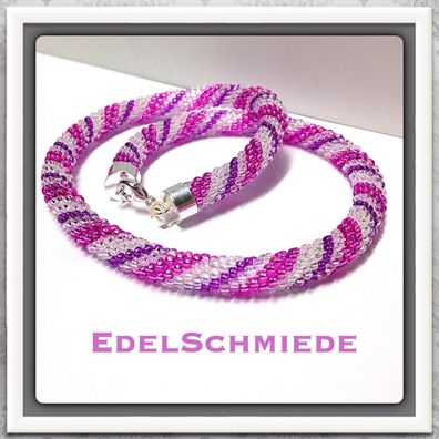 Edelschmiede925 Schlauchkette aus Glasperlen gehäkelt 925 Schließe 44 cm