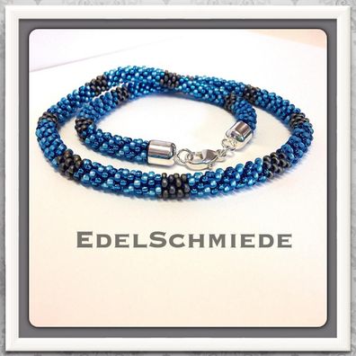 Häkelkette, Blau und Antrazit, mit 925/- Verschluß