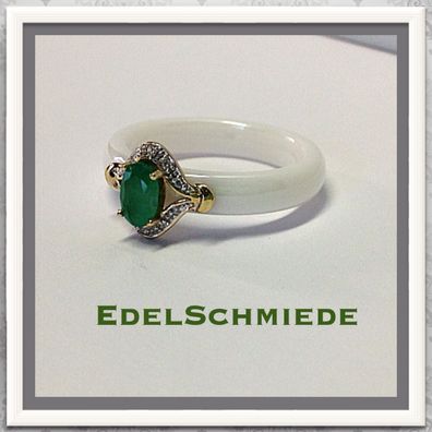 Edelschmiede925 Keramikring mit 585/- Gold und Smaragd + Brillant