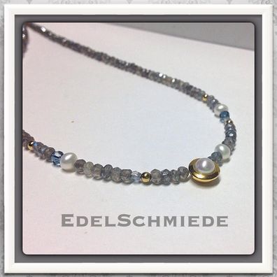 Edelschmiede925 Labradorit Collier mit echter Perle 925 vergoldet