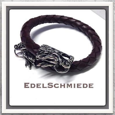 Edelschmiede925 Armreif mit 2 Drachenköpfen und braunem Leder