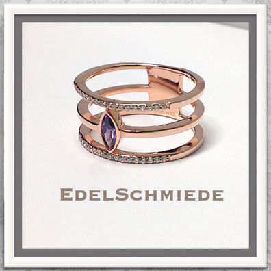 Edelschmiede925 Silberring rosévergoldet mit Zirk weiß + lila Ringgröße 57