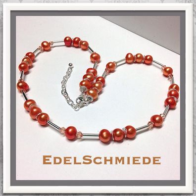 Edelschmiede925 Perlenkette in lachs mit 925 Silber Elementen 46cm