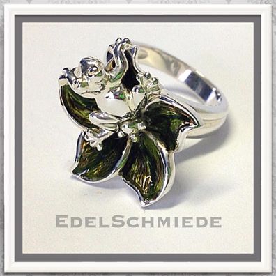 Edelschmiede925 Ring 925 Silber kl. Frosch auf grüner Blüte Ringgröße 58