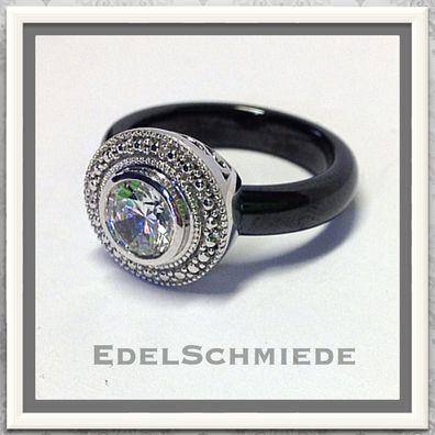 Edelschmiede925 Keramikring (schwarz) m. Silberkopf + Zirkonia Ringgröße 54