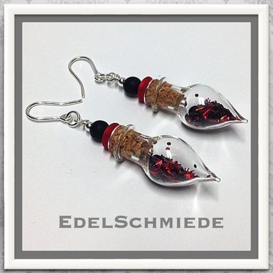 Edelschmiede925 Ohrringe 925 Silber mit Glasperle gefüllt rot schw