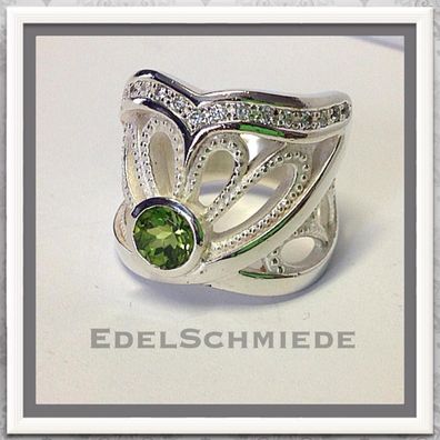 Edelschmiede925 breiter Silberring 925 mit Zirkonia und Peridot 58