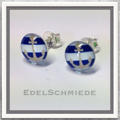 Edelschmiede925 Ohrstecker Anker blau weiß gestreift 925 Silber