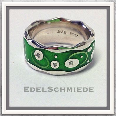Edelschmiede925 grüner Bandring 925 Silber mit 3 Brillanten Ringgröße 58