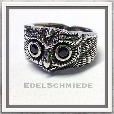 Edelschmiede925 Eulenring 925 Silber geschwärzt - Zirkonia schwarz