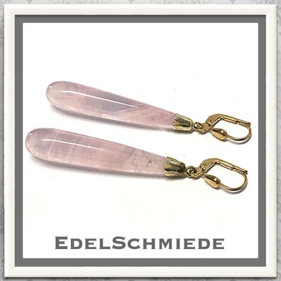 Edelschmiede925 lange Ohrhänger in 585/- Gold mit Rosenquarz