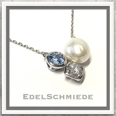 Collier mit Perle, Zirkonia + syn. Blautopas 925