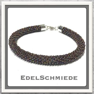 Edelschmiede925 Häkelarmband aus Glasperlen in braun 925 Silber