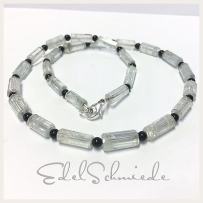 Edelschmiede925 Halskette mit Aquamarinstäben und Onyxkugeln 925