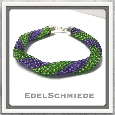 Edelschmiede925 Häkelarmband aus Glasperlen grün - lila 925 Silber