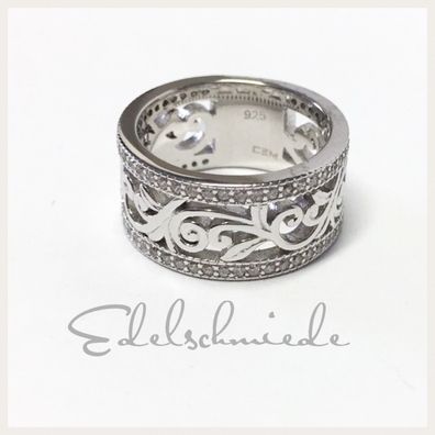 Edelschmiede925 filigraner, breiter Ring 925 Silber rhod mit Zirkonia Ringgröße 54