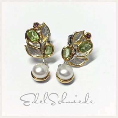 Edelschmiede925 edle Ohrringe in 925/- Sterling Silber bicolor mit Peridot + Perle