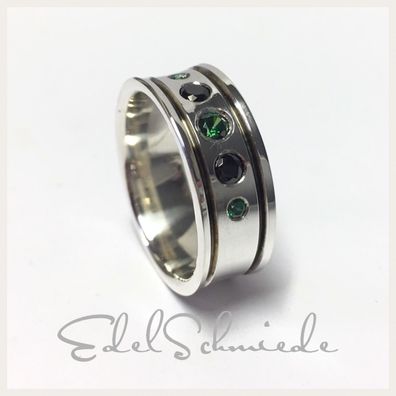 Edelschmiede925 moderner Silberring 925 mit Zirkonia (schwarz + grün) Ringgröße 60