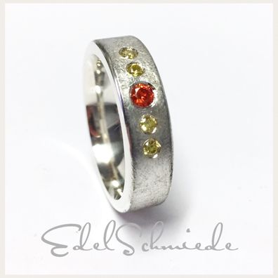 Edelschmiede925 Silberring 925 eismatt mit Zirkonia (orange + gelb) Ringgröße 60