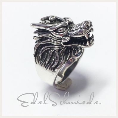 Edelschmiede925 massiver Silberring 925 als Drachenkopf Ringgröße 61 geschwärzt