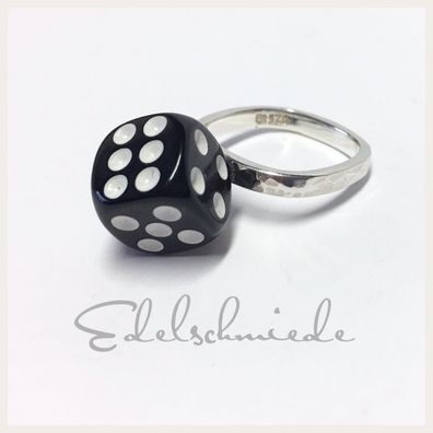 Edelschmiede925 schmaler Silberring 925/- mit schwarzem Glückswürfel Ringgröße 60