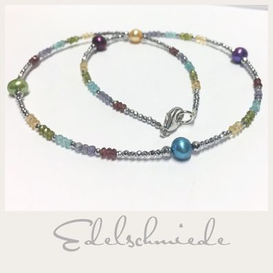 Edelschmiede925 Edelsteincollier Mix + echte Perle multi 925/- Silber rhod. 46 cm